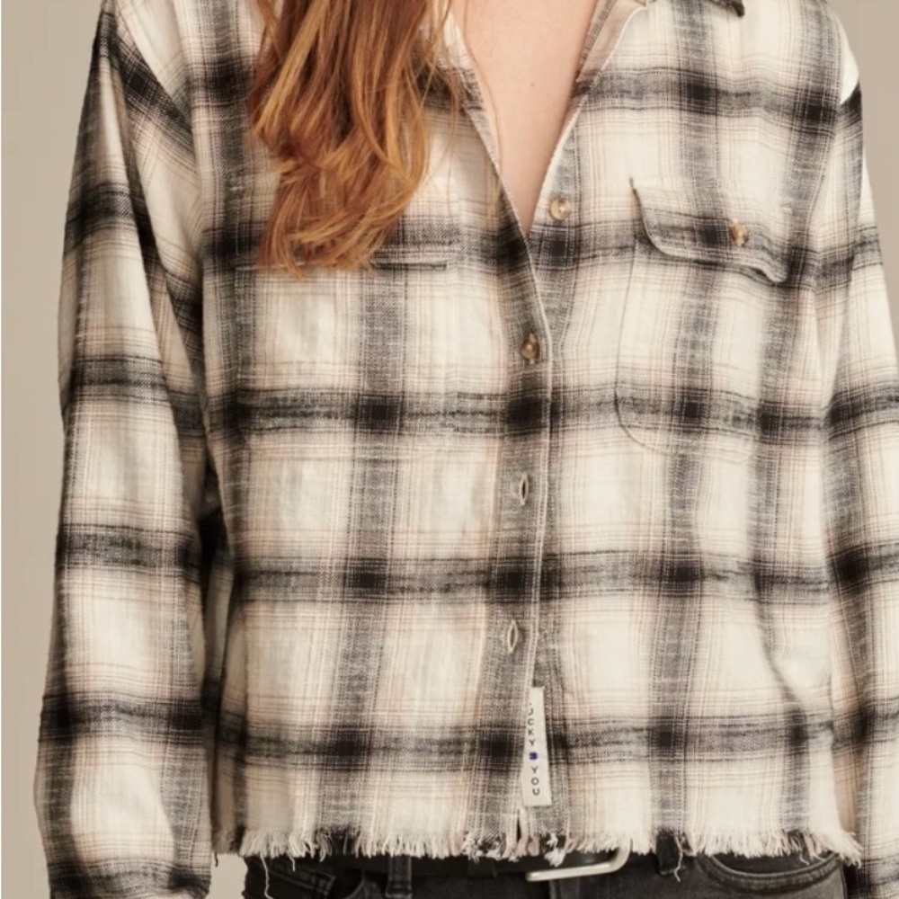 Lucky Brand Raw Edge Flannel Cropped Button Down Shirt